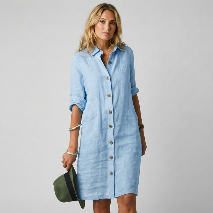 Khaki dames linnen overhemdjurk met knoopsluiting, casual elegant voor de zomer