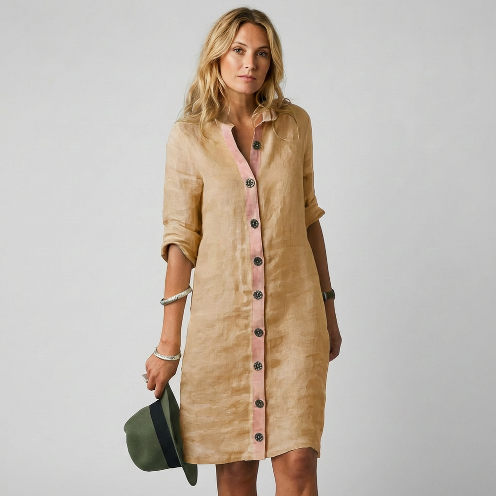 Ademende khaki linnen overhemdjurk voor dames, perfect voor warm weer