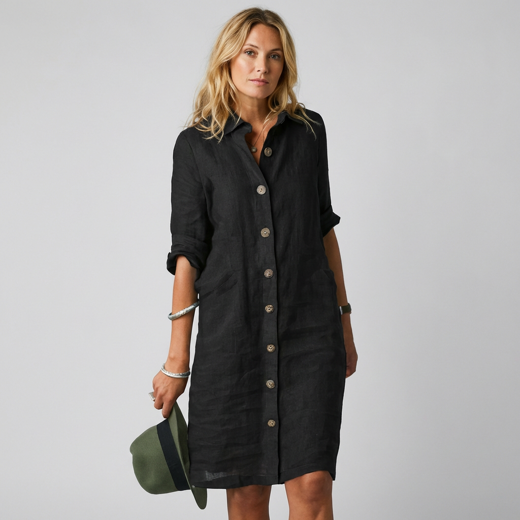 Stijlvolle dames zomerjurk van linnen met knoopsluiting in khaki kleur