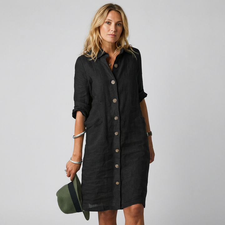 Stijlvolle dames zomerjurk van linnen met knoopsluiting in khaki kleur