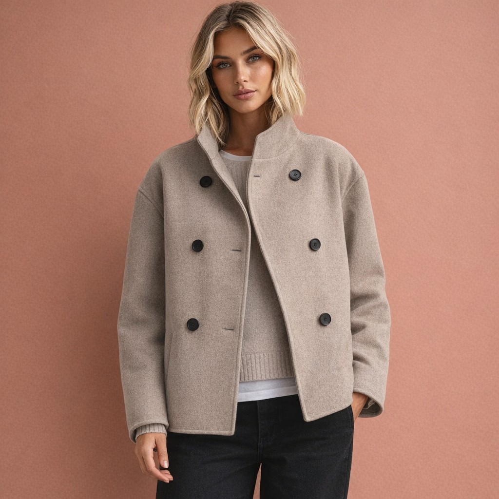 Khaki dames overgangsjas met opstaande kraag, comfortabel en stijlvol voor lente en herfst.