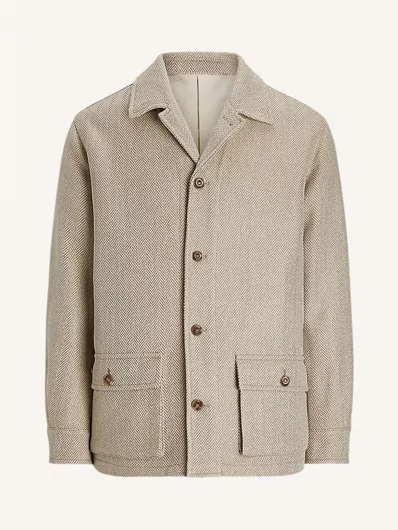 Trendy heren trenchcoat in khaki met authentiek visgraatpatroon. Perfecte lange overjas voor smart casual look.