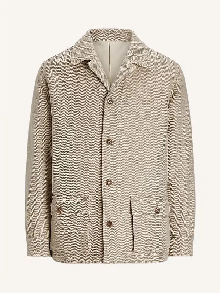 Trendy heren trenchcoat in khaki met authentiek visgraatpatroon. Perfecte lange overjas voor smart casual look.