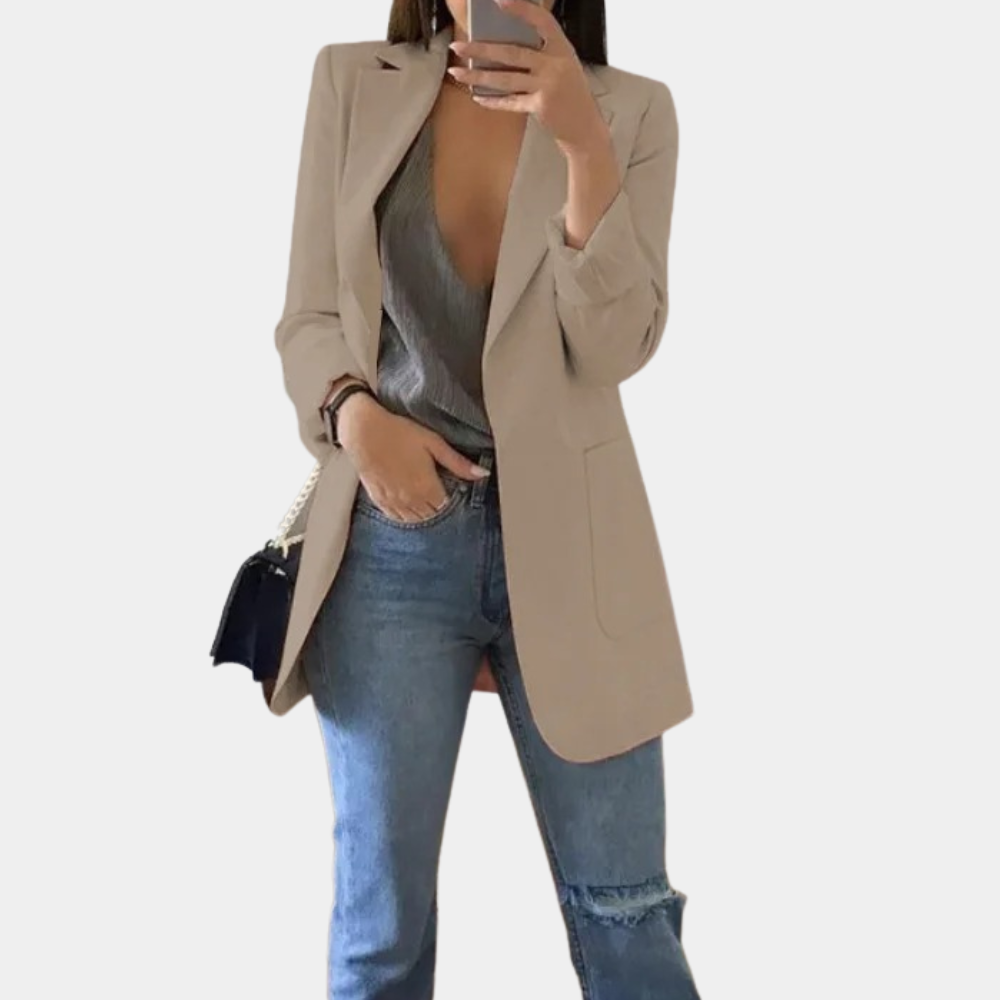 "Khaki lange blazer dames, elegant en stijlvol, veelzijdige keuze voor elke garderobe, ideaal voor formele en informele geleg