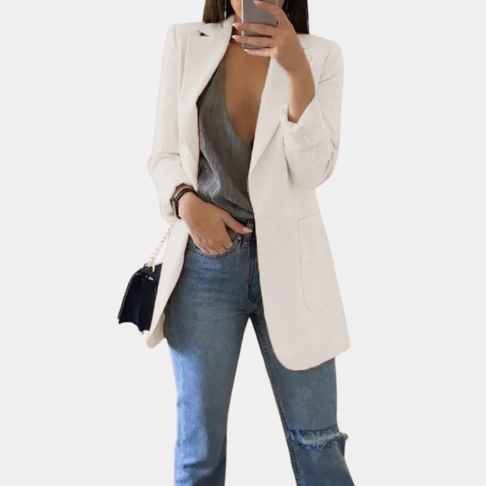 "Khaki lange blazer dames, elegant en stijlvol, veelzijdige keuze voor elke garderobe, ideaal voor formele en informele geleg