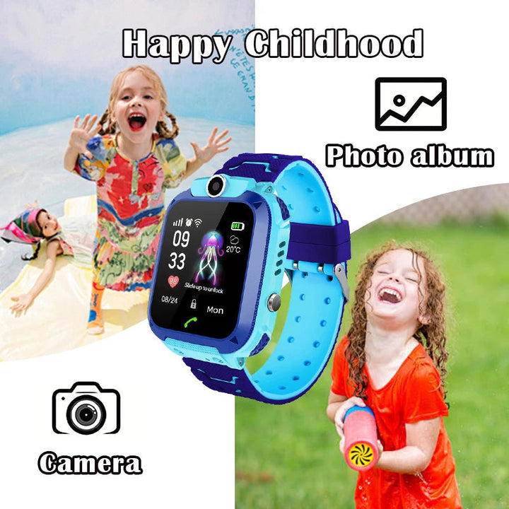 "Kinder GPS-horloge met belfunctie, blauw bandje, locatie-tracking en SOS-knop voor veiligheid en monitoring."