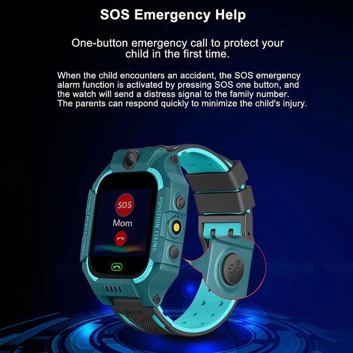 "Kinder GPS-horloge met belfunctie, blauw bandje, locatie-tracking en SOS-knop voor veiligheid en monitoring."