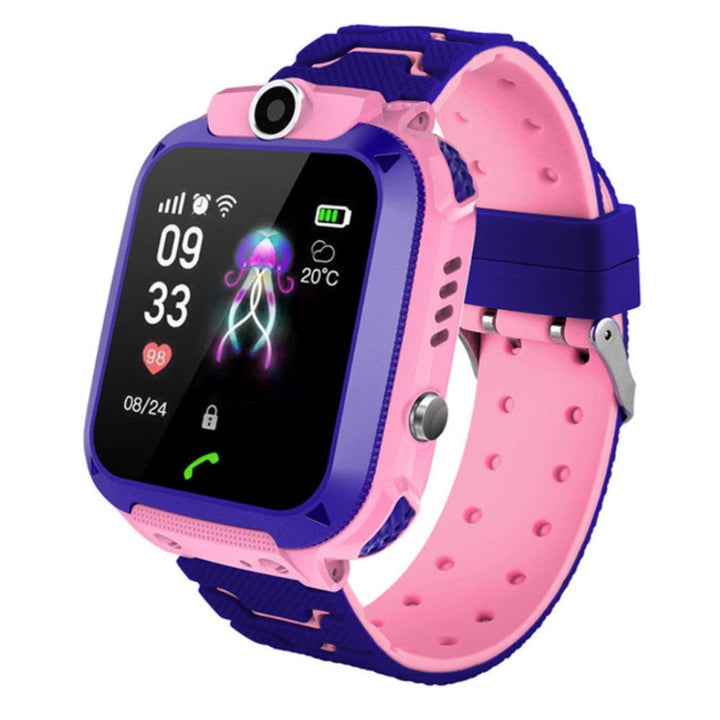 "Kinder Smartwatch met GPS, SOS-knop en camera, kleurrijk design in blauw, groen, paars, rood en roze."