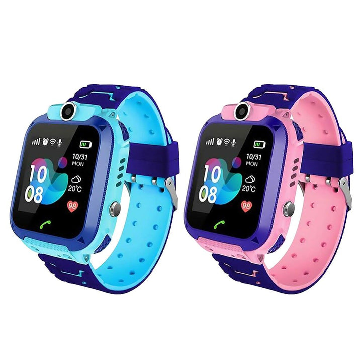 "Kinder Smartwatch met GPS, SOS-knop en camera, kleurrijk design in blauw, groen, paars, rood en roze."