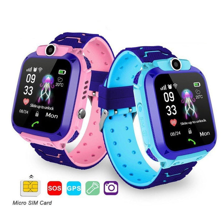 "Kinder Smartwatch met GPS, SOS-knop en camera, kleurrijk design in blauw, groen, paars, rood en roze."