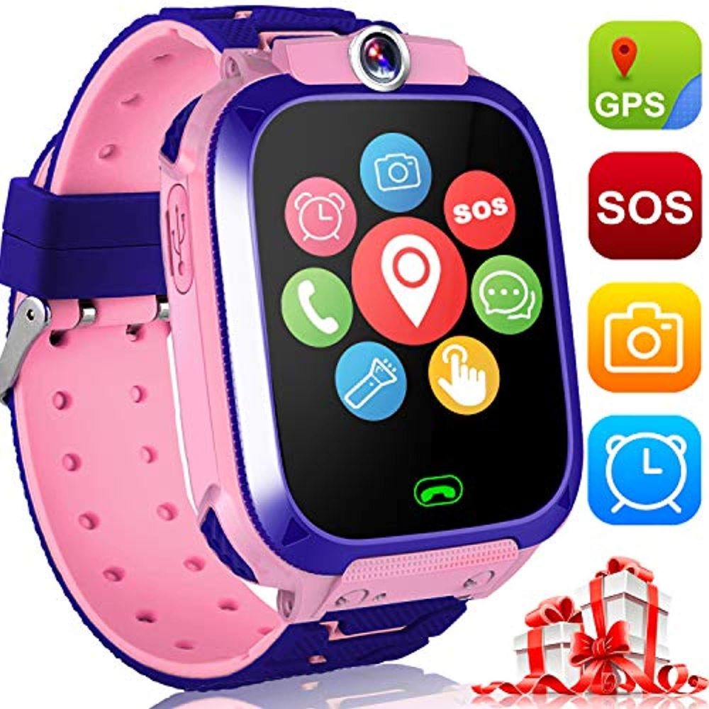 "Kinder Smartwatch met GPS, SOS-knop en camera, kleurrijk design in blauw, groen, paars, rood en roze."