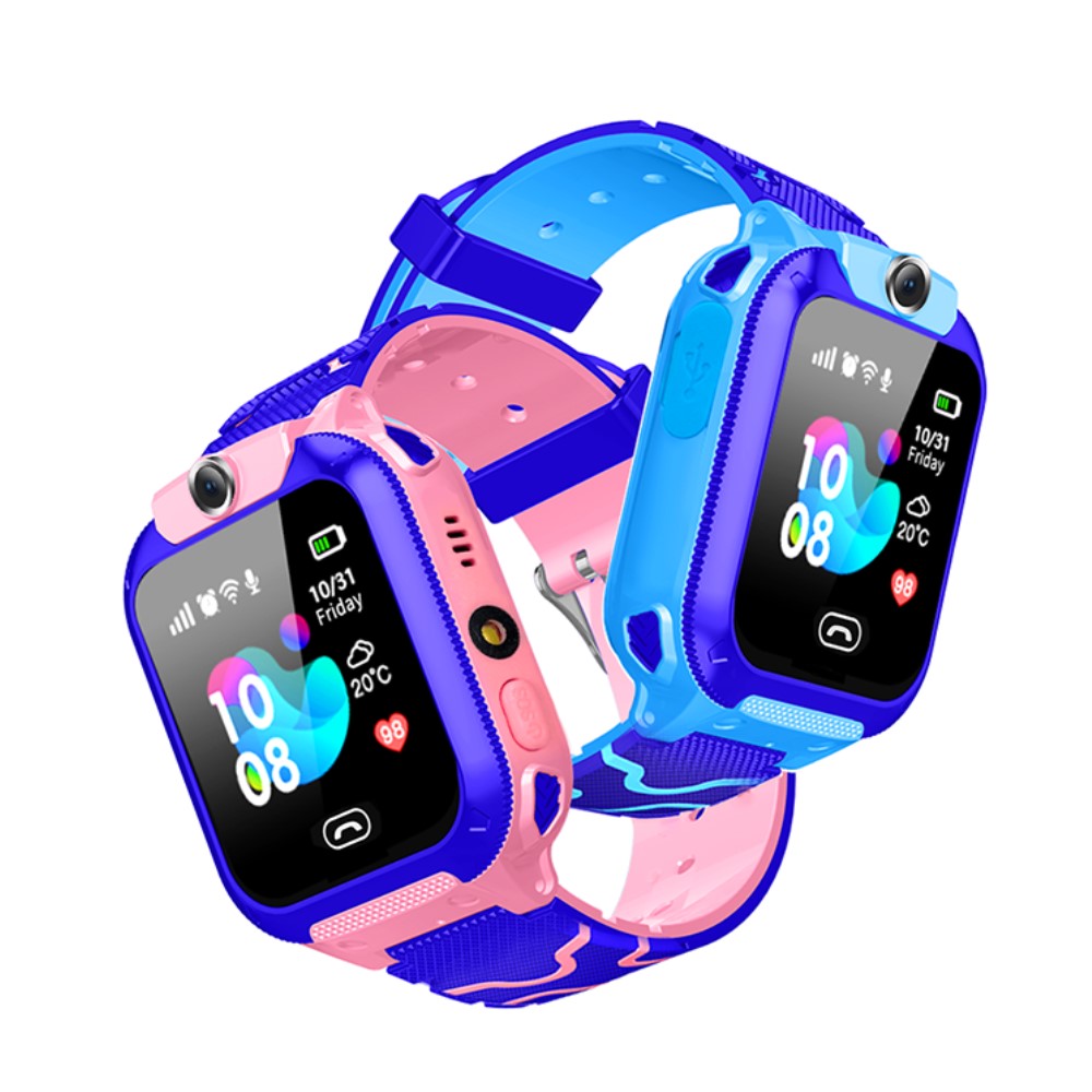 "Kinder Smartwatch met GPS, SOS-knop en camera, kleurrijk design in blauw, groen, paars, rood en roze."