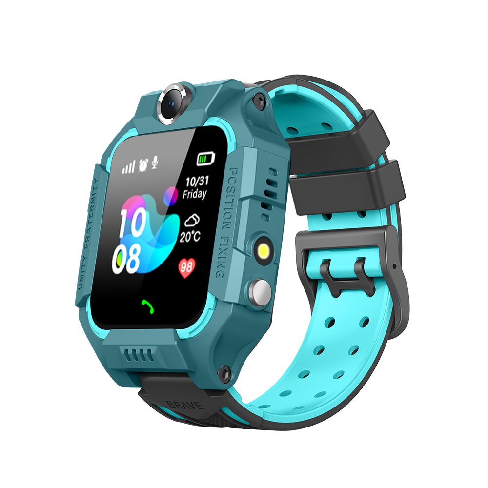 "Kinder Smartwatch met GPS, SOS-knop en camera, kleurrijk design in blauw, groen, paars, rood en roze."