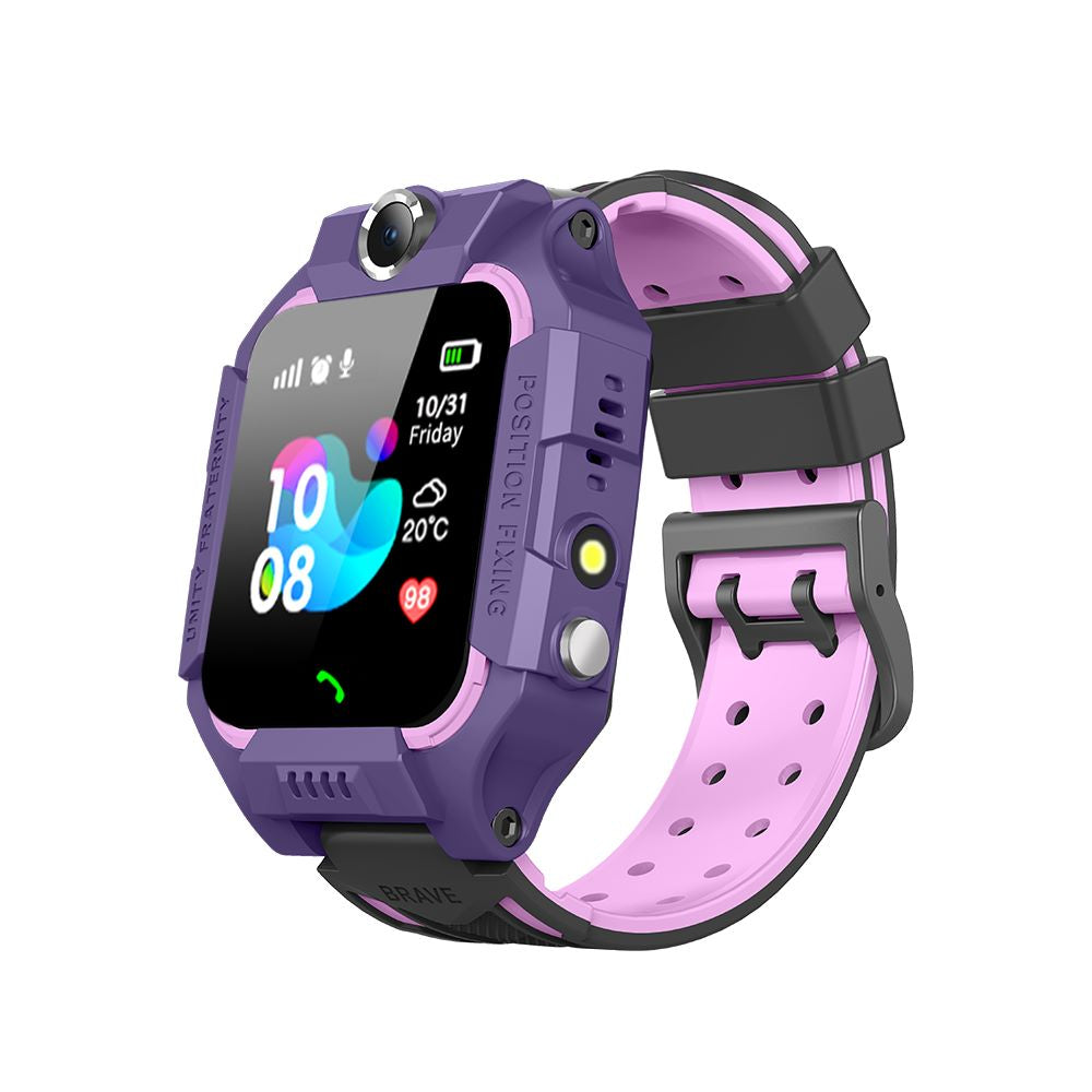 "Kinder Smartwatch met GPS, SOS-knop en camera, kleurrijk design in blauw, groen, paars, rood en roze."