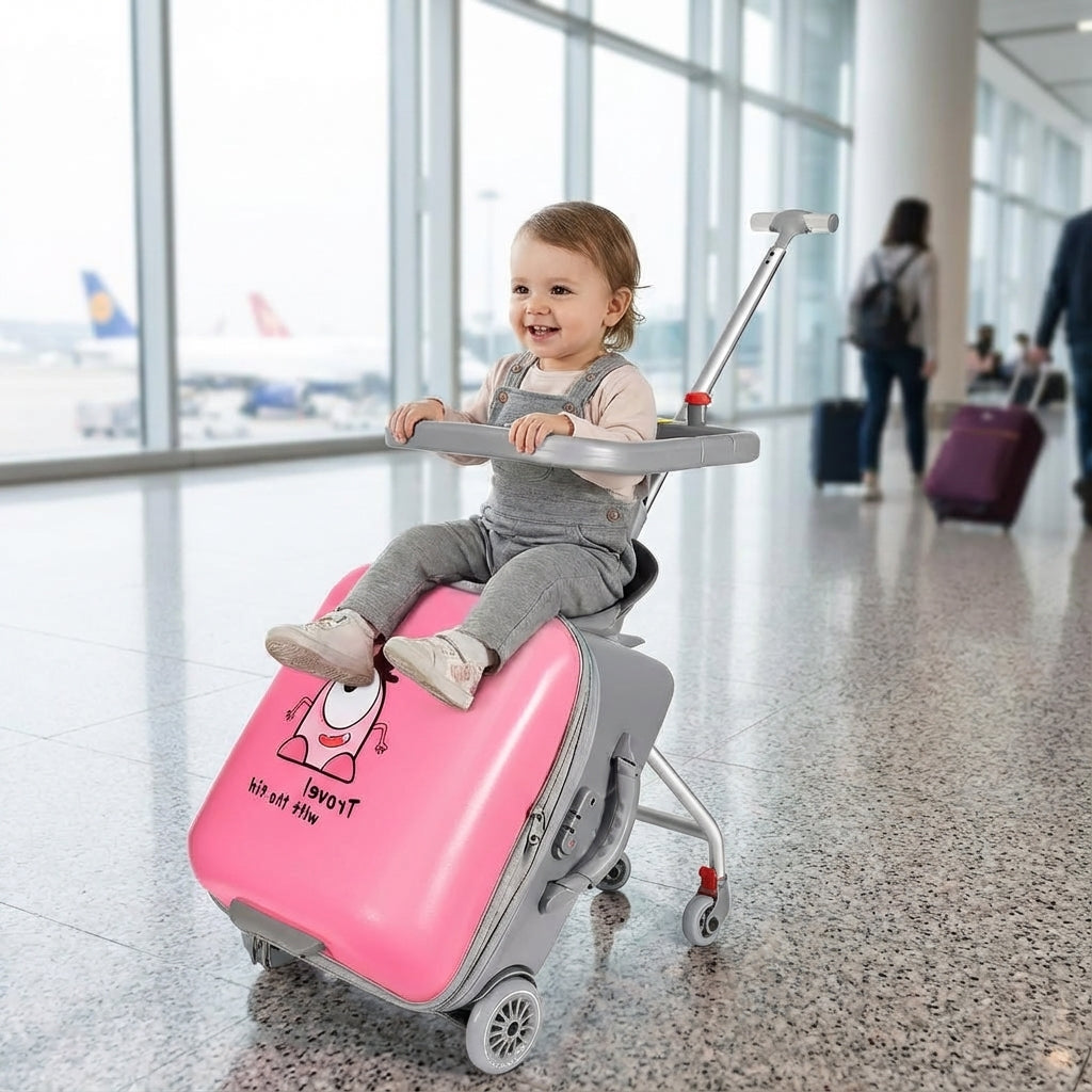 Kinderhandbagage met veilig kinderzitje. Ideaal voor reizen en wachten op het vliegveld.