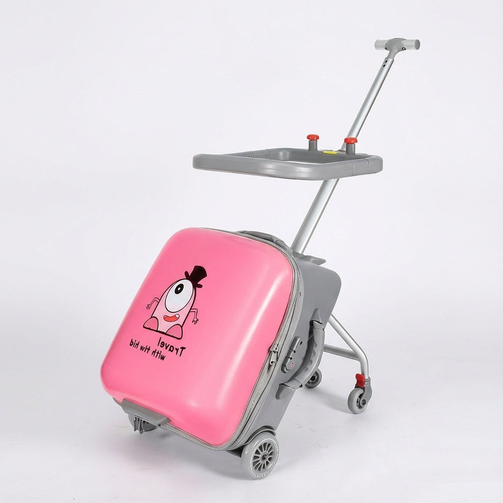 WheeleyKid uitbreidbare trolley met geïntegreerd kinderzitje, perfect voor jonge reizigers.