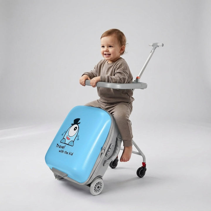 Duurzame kinder trolley met veilig uitklapbaar kinderzitje. Handig voor lange reizen.