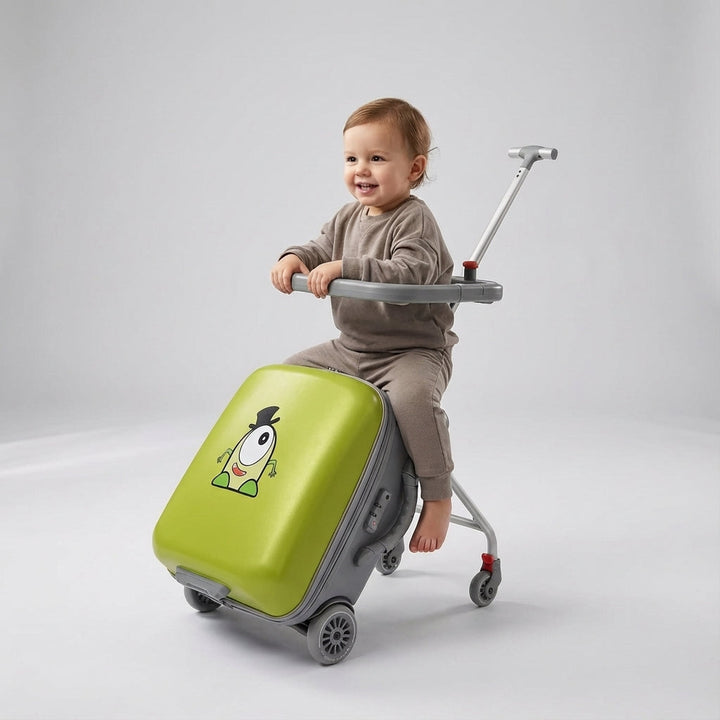 Uitbreidbare kinder reiskoffer met zitje. Maakt reizen met kinderen stressvrij en leuk.