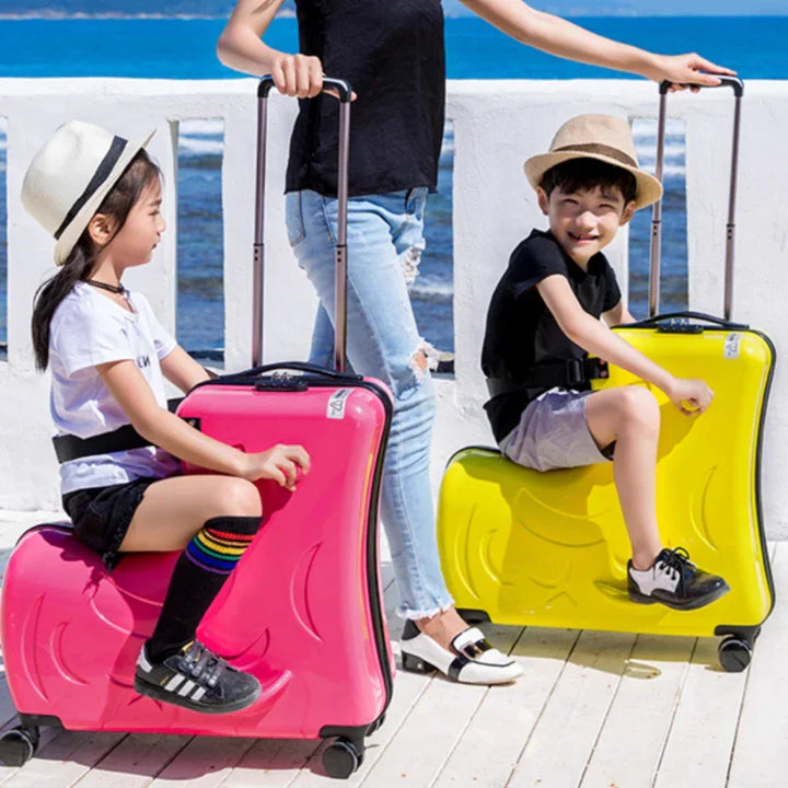 Kinderreiskoffer met zitfunctie, rijdbare trolley in schattig pony design voor jonge reizigers.