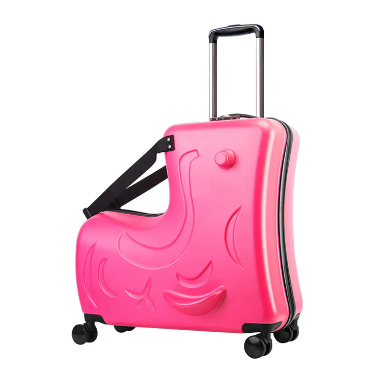 Vrolijke roze kinderreiskoffer met zitfunctie, rijdbare pony trolley voor kleine wereldreizigers.