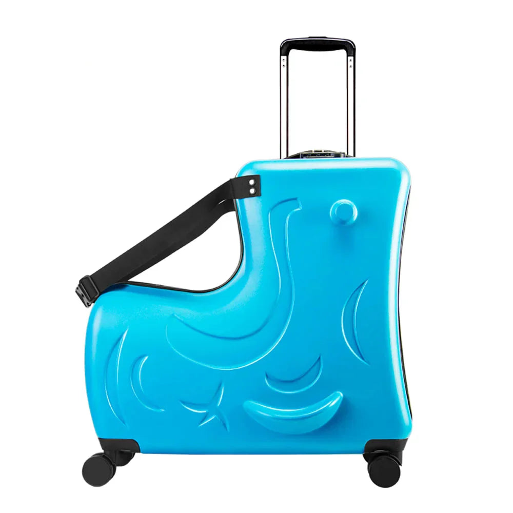 Compacte kinder trolley met zitfunctie, rijkoffer in schattig pony design voor reizen en speelplezier.