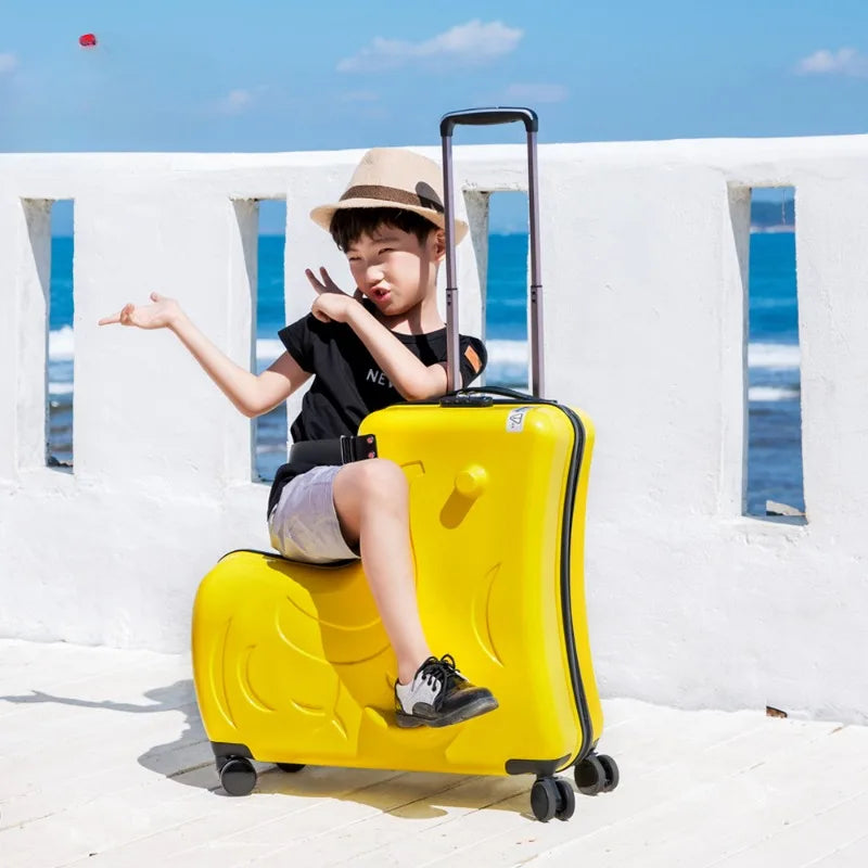 Handige kinderbagage: roze pony rijkoffer trolley met zitfunctie, ideaal voor avontuurlijke reizen.