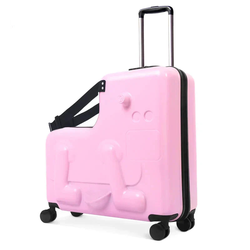 Rijdbare kinderbagage: pony design trolley met zitfunctie, perfect voor reizen en avontuur.