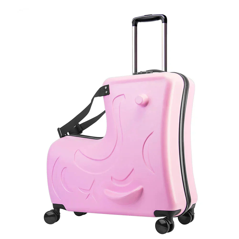 Handbagage kinderreiskoffer: zitfunctie trolley in speels pony design, ideaal voor vluchten en vakantie.