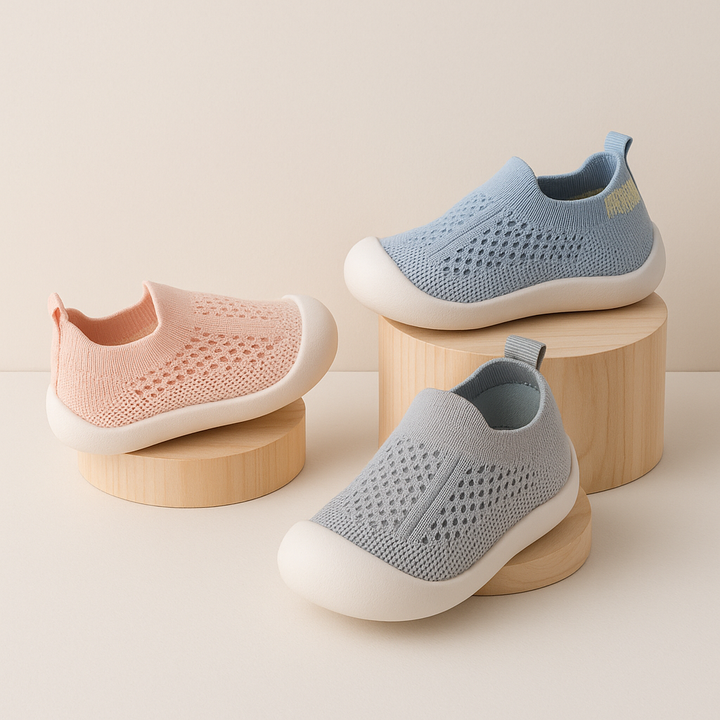 "Kindersneakers met antislipzool in zachte pastelkleuren, ideaal voor actieve en modieuze avonturiers."