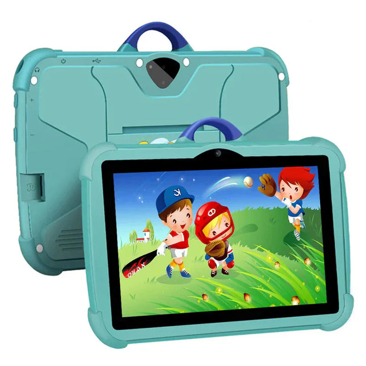 Duurzame 7 inch kindertablet met 64GB opslag en Android. Gebruiksvriendelijk en veilig voor kinderen met cartoon design.