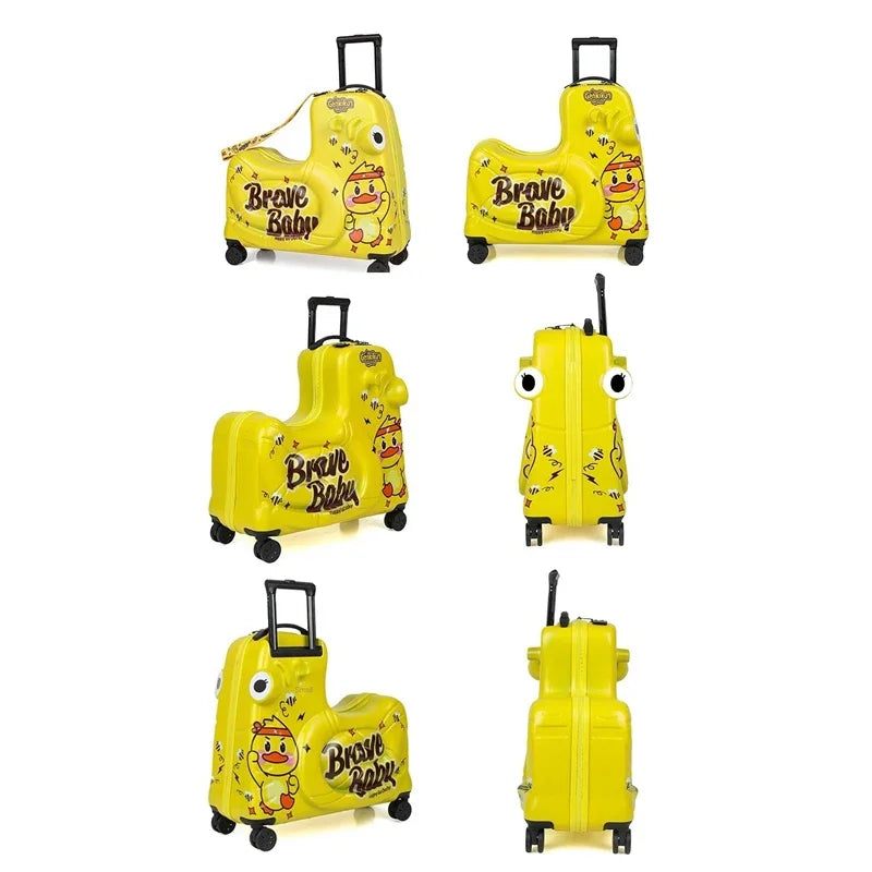 Multifunctionele rolkoffer en zitkoffer voor kinderen met ingebouwde step voor speelplezier.