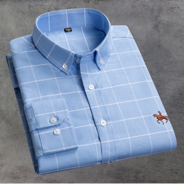 "Klassiek elegant herenoverhemd, blauw geruit, lange mouwen, lichtgewicht en veelzijdig voor elke gelegenheid."