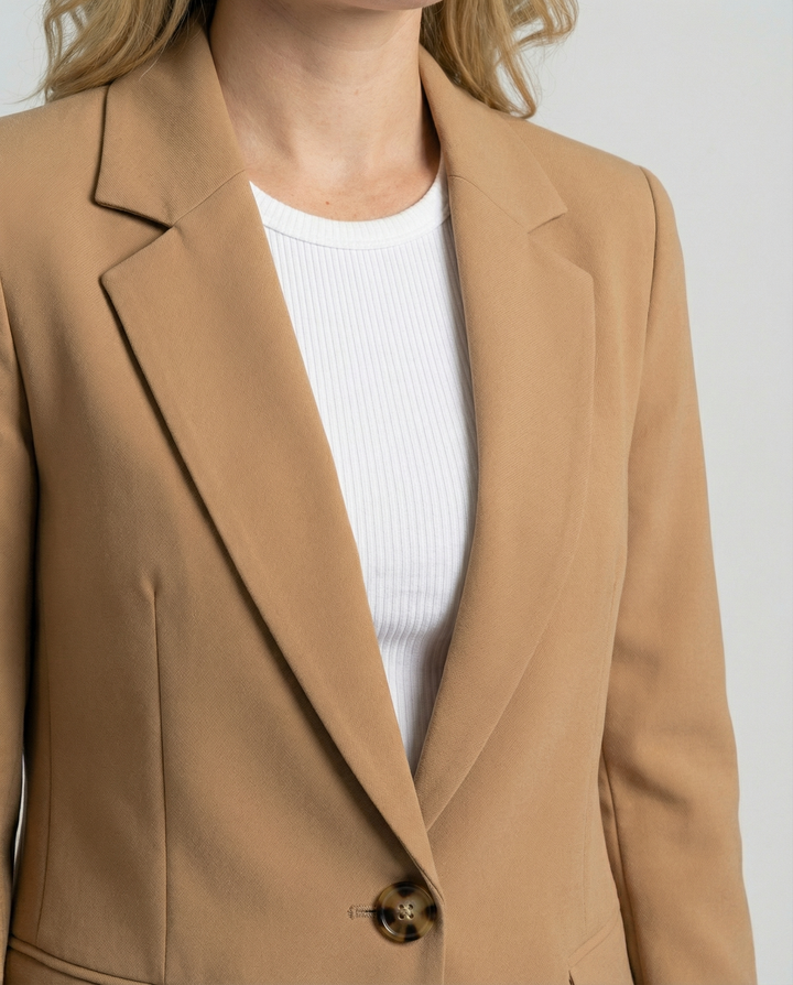 Zakelijke dames blazer, klassiek getailleerd. Creëert een professionele en stijlvolle uitstraling.