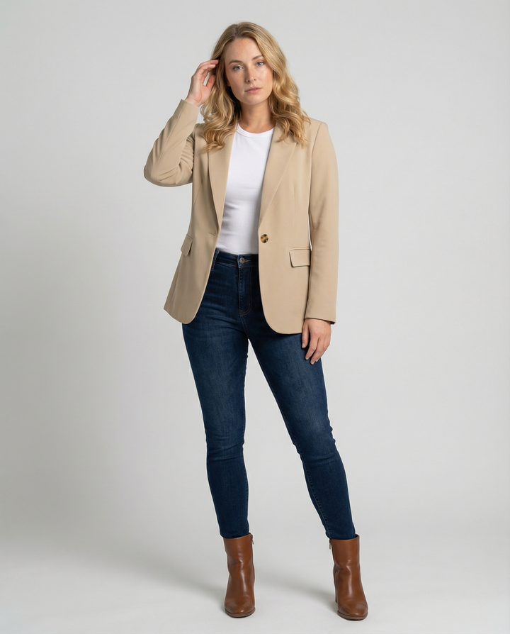 Tijdloze dames blazer, klassiek en getailleerd. Een elegante aanvulling op uw formele of casual garderobe.