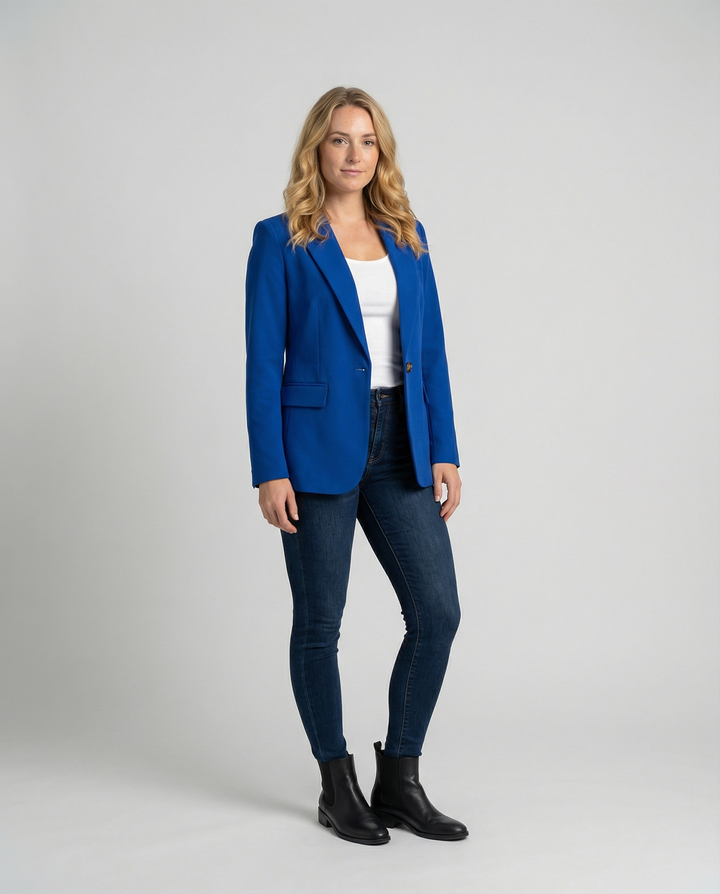 Essentiële dames blazer, klassiek getailleerd. Een veelzijdig kledingstuk voor zakelijke en casual chic stijlen.