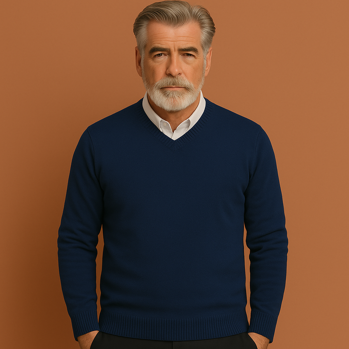 Zachte heren V-hals trui, een klassieke pullover die comfort en warmte biedt voor koude dagen.