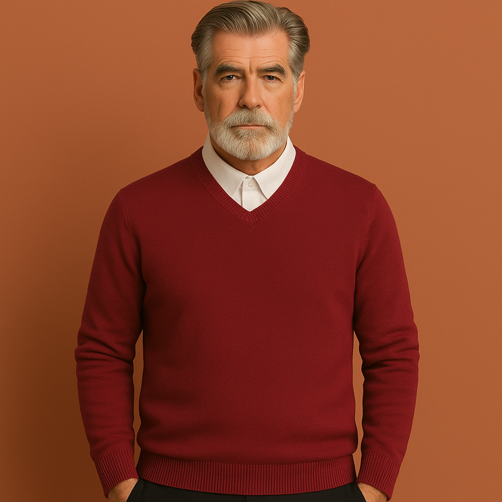 Modieuze heren trui met V-hals, een veelzijdige klassieker voor zowel casual als zakelijke mode.