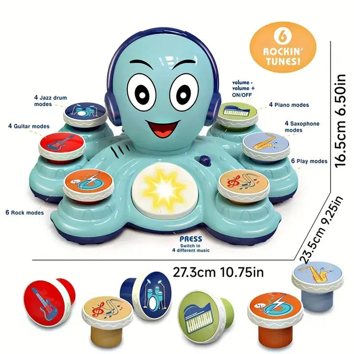 "Kleurrijk interactief octopus muziekspeelgoed voor peuters, bevordert muzikale vaardigheden en motoriek in roze en blauw."