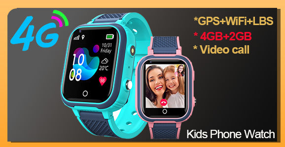 Kinderhorloge met GPS, videobelfunctie, waterdicht, realtime tracking, SOS-functie, duurzaam, verkrijgbaar in blauw, roze, zwart.