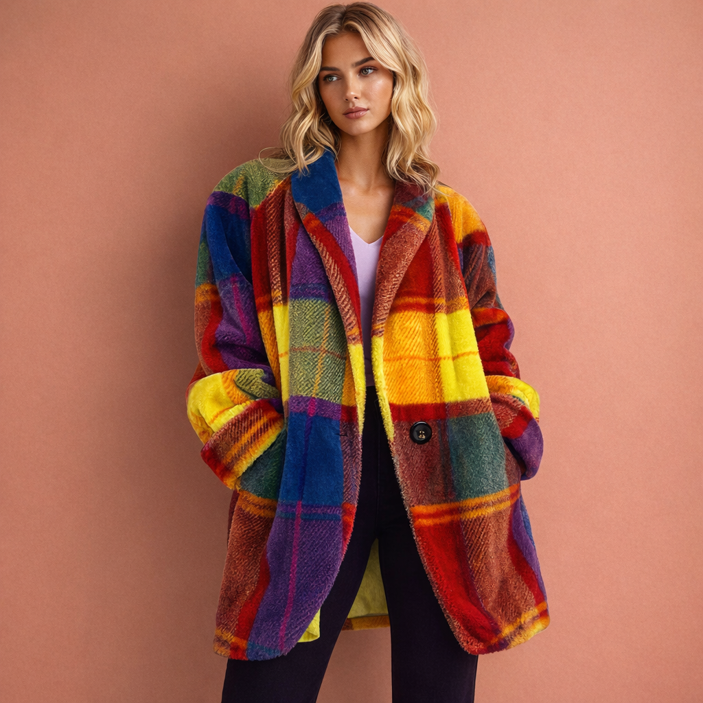 Kleurrijke damesmantel met stijlvolle revers, zakken en comfortabele pasvorm, perfect voor herfst en winter.