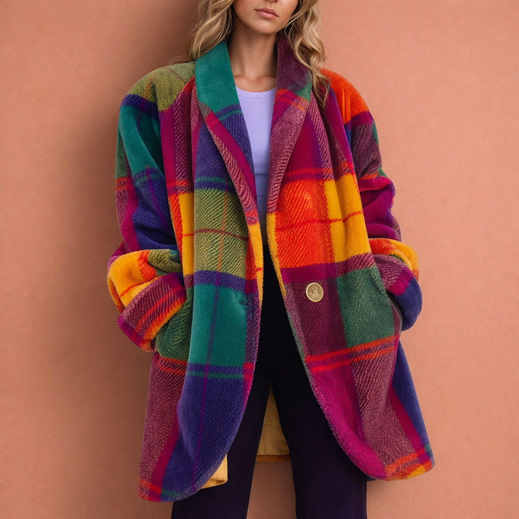 Modieuze dames jas, kleurrijk design met revers. Ideaal als stijlvolle bovenkleding voor een casualchic look.