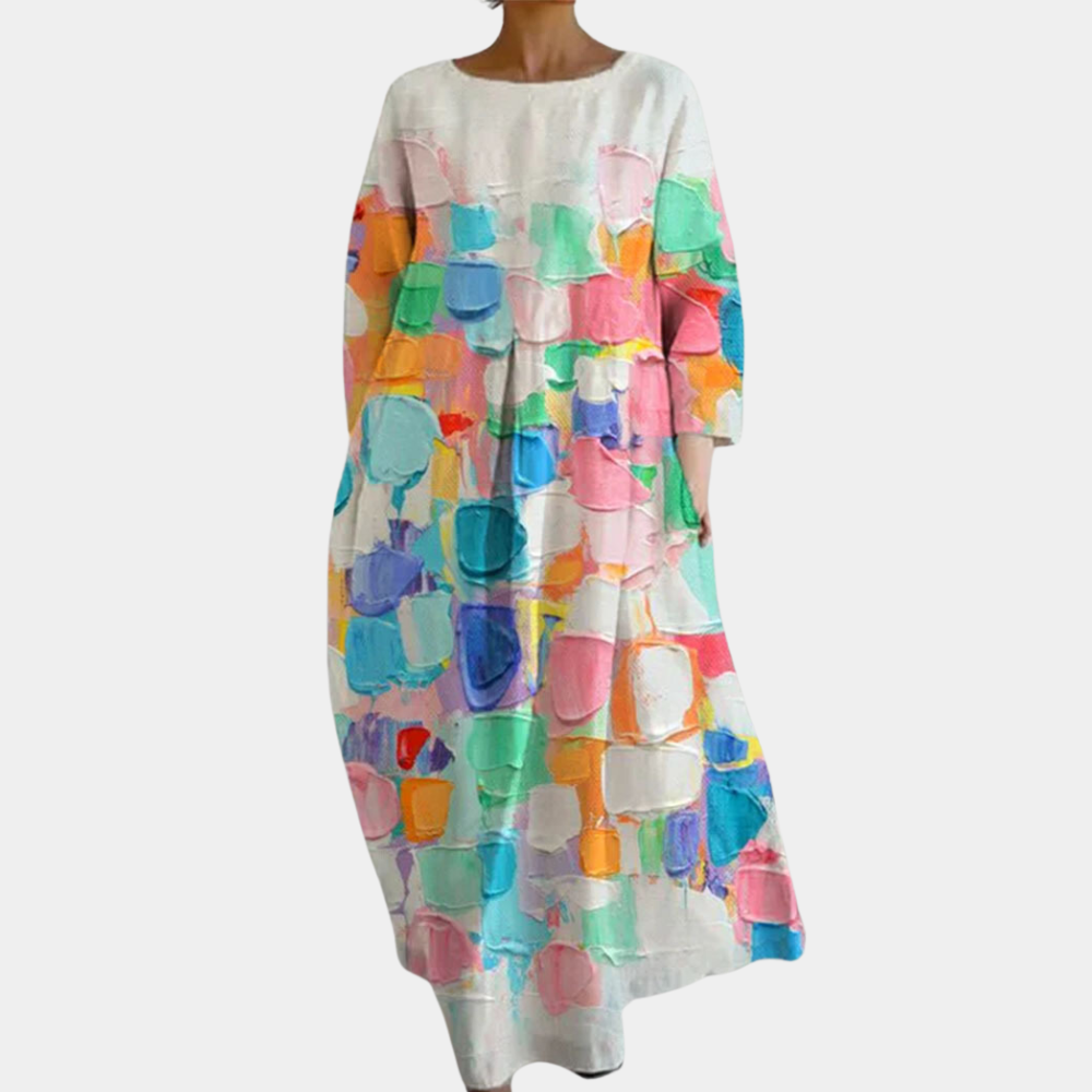 "Kleurrijke lange damesjurk voor zomer, luchtige stof, beschikbaar in vijf kleuren, elegant en casual voor elke gelegenheid."