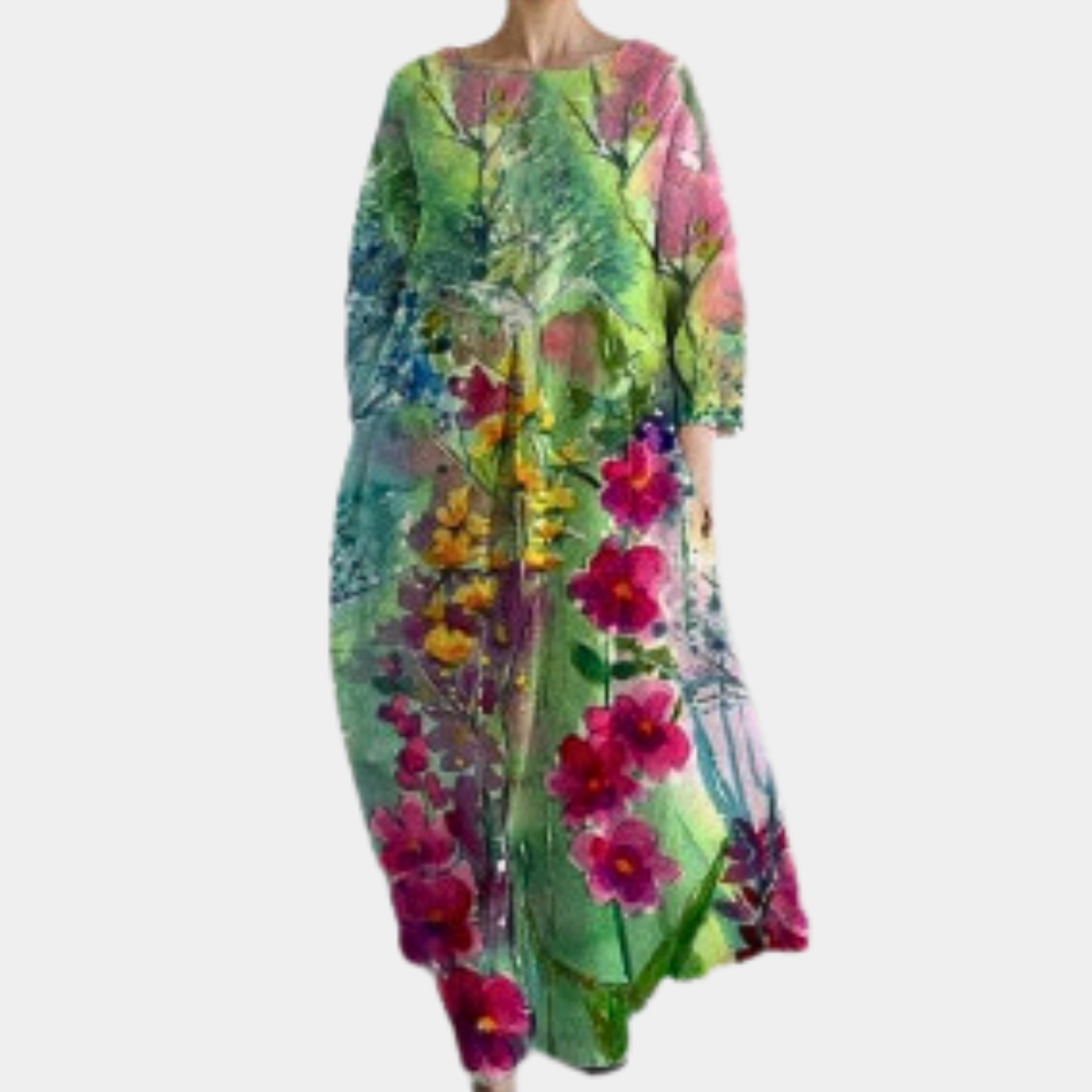 "Kleurrijke lange damesjurk voor zomer, luchtige stof, beschikbaar in vijf kleuren, elegant en casual voor elke gelegenheid."