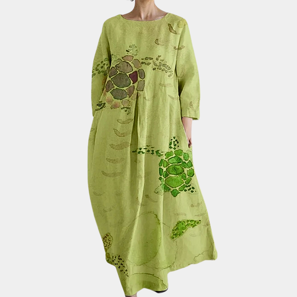 "Kleurrijke lange damesjurk voor zomer, luchtige stof, beschikbaar in vijf kleuren, elegant en casual voor elke gelegenheid."