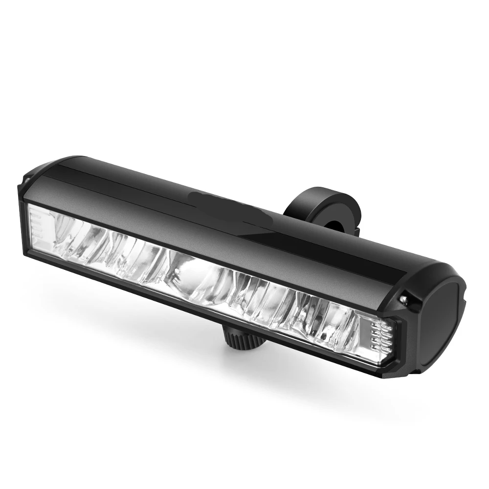 Krachtige 1400 lumen fietslamp, zwarte behuizing, oplaadbaar, weerbestendig ontwerp voor optimale zichtbaarheid