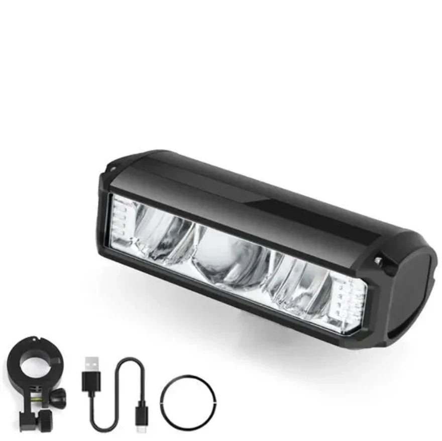 Krachtige 1400 lumen fietslamp, zwarte behuizing, oplaadbaar, weerbestendig ontwerp voor optimale zichtbaarheid