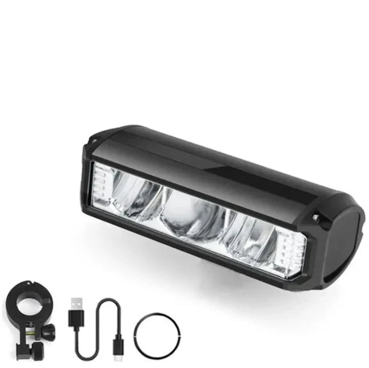 Krachtige 1400 lumen fietslamp, zwarte behuizing, oplaadbaar, weerbestendig ontwerp voor optimale zichtbaarheid