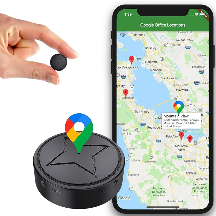 "Krachtige magnetische GPS-tracker, zwart, water- en schokbestendig, metalen bevestiging voor realtime voertuigtracking."