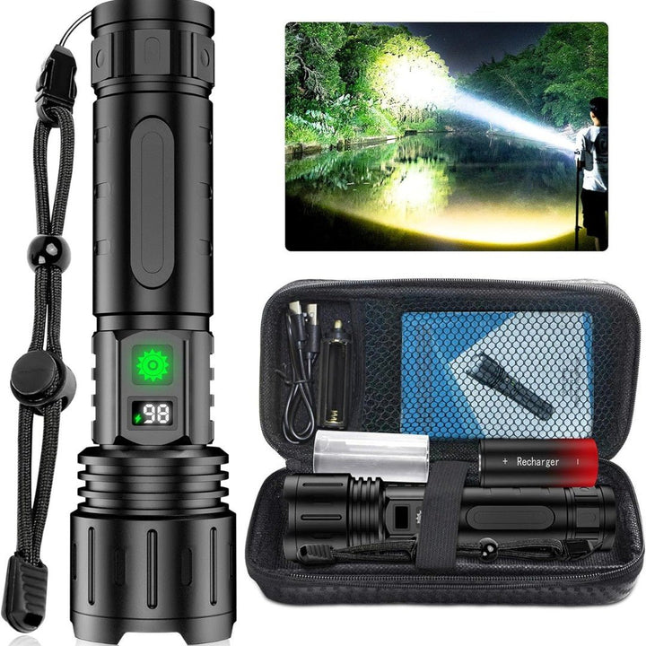 Krachtige oplaadbare LED zaklamp (100.000 lumen) met ingebouwde powerbank voor heldere outdoor verlichting.