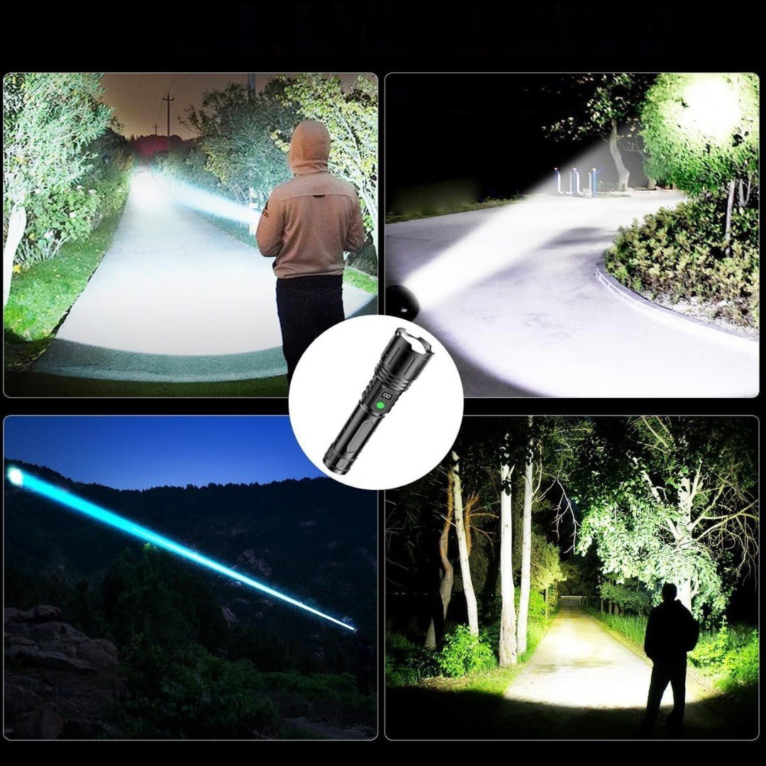 De extreem heldere lichtbundel van de 100.000 lumen LED zaklamp verlicht een donker pad volledig.